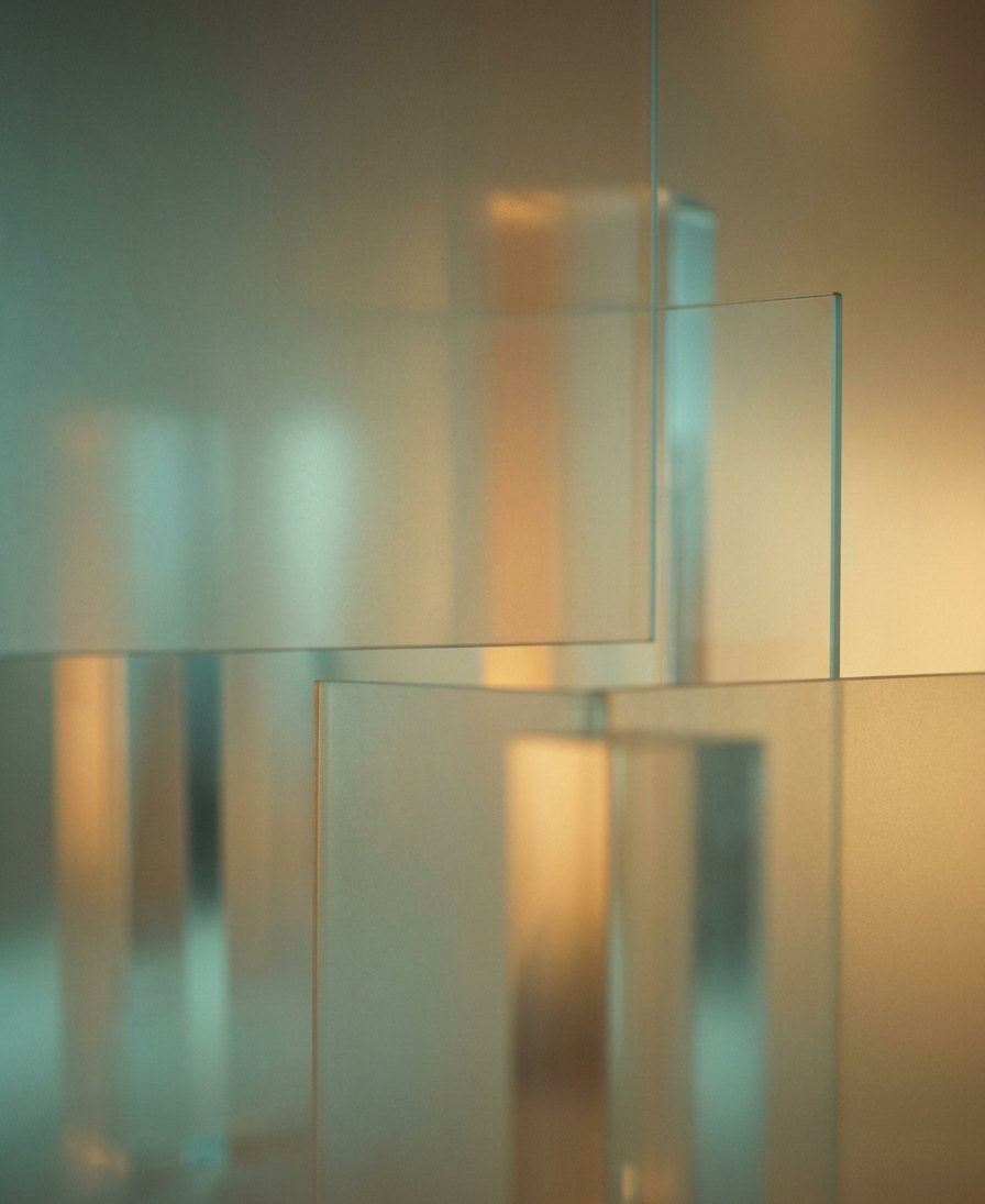 Layered panes of frosted glass, representing the layers of a business loan application FundXavvy prepares before approaching a bank